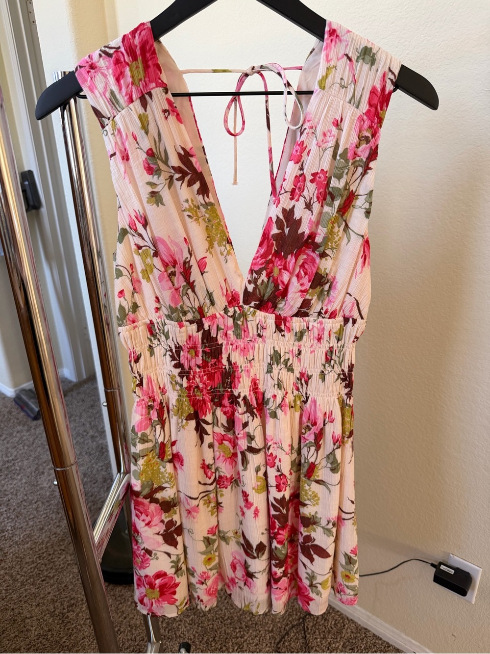 Abercrombie & Fitch Pink Floral Tie-Back V-Neck Mini Dress